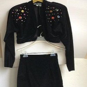 Vintage Black Velvet Bolero Jacket and Black Velvet Skirt - Size Small (Junior)